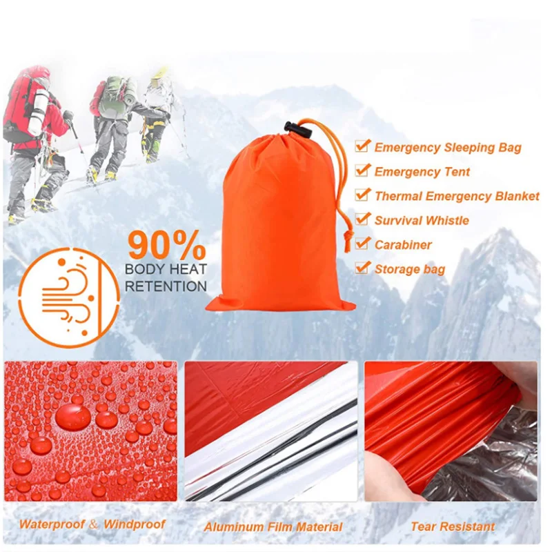 Portable Waterproof Emergency Survival Sleeping Bag Hiking Camping Gear Thermal Bivy Sack First Aid Rescue Kit Mylar Blanket