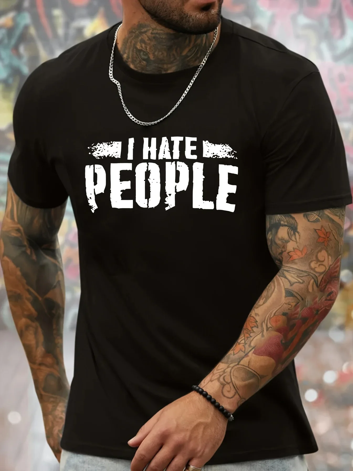 

Men's Casual Round Neck T Shirt with I HATE PEOPLE Print Funny Sarcastic Humor Polyester Machine Washable