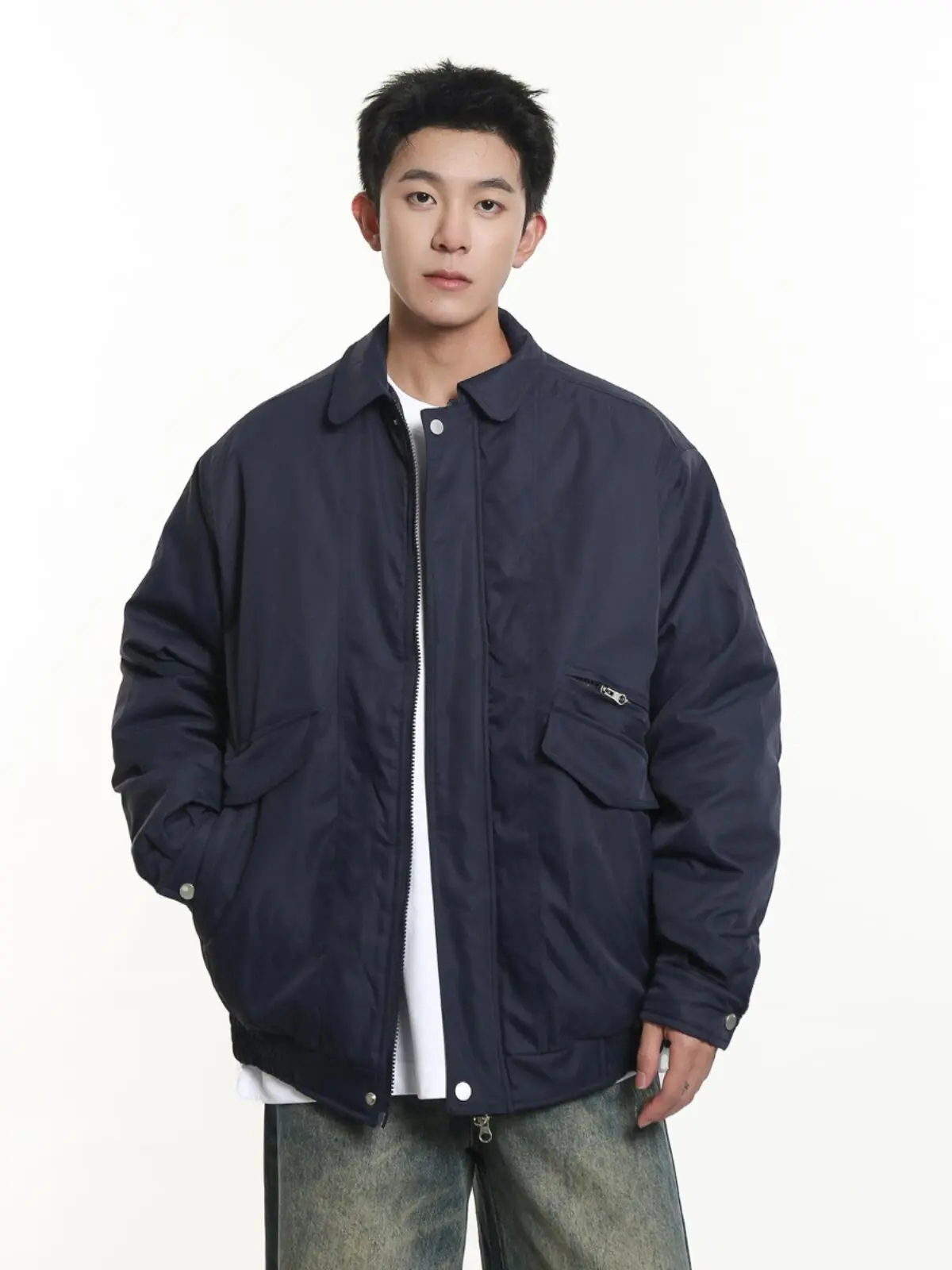 

Retro American Workwear Cotton Jaet Loose Fit Collared Blue Youth Outerwear Winter Cold Resistance Long Sve irt