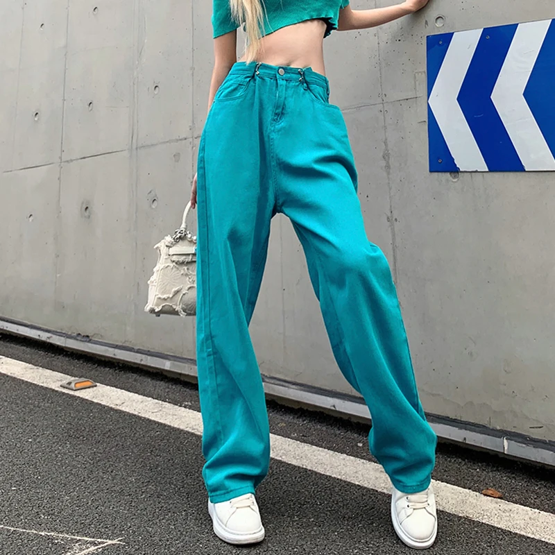 Summer New Blue Fashion Hook High Waist Jeans Vintage Wide Leg Straight Pants Street Casual Baggy Mopping Denim Trouser Ladies