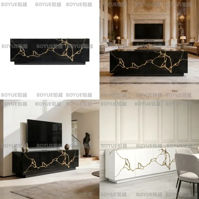 Luxury Solid Wood Sideboard with Pure Copper Accents Multi Functional Storage Cabinet for Dining Room Living Room Entrance