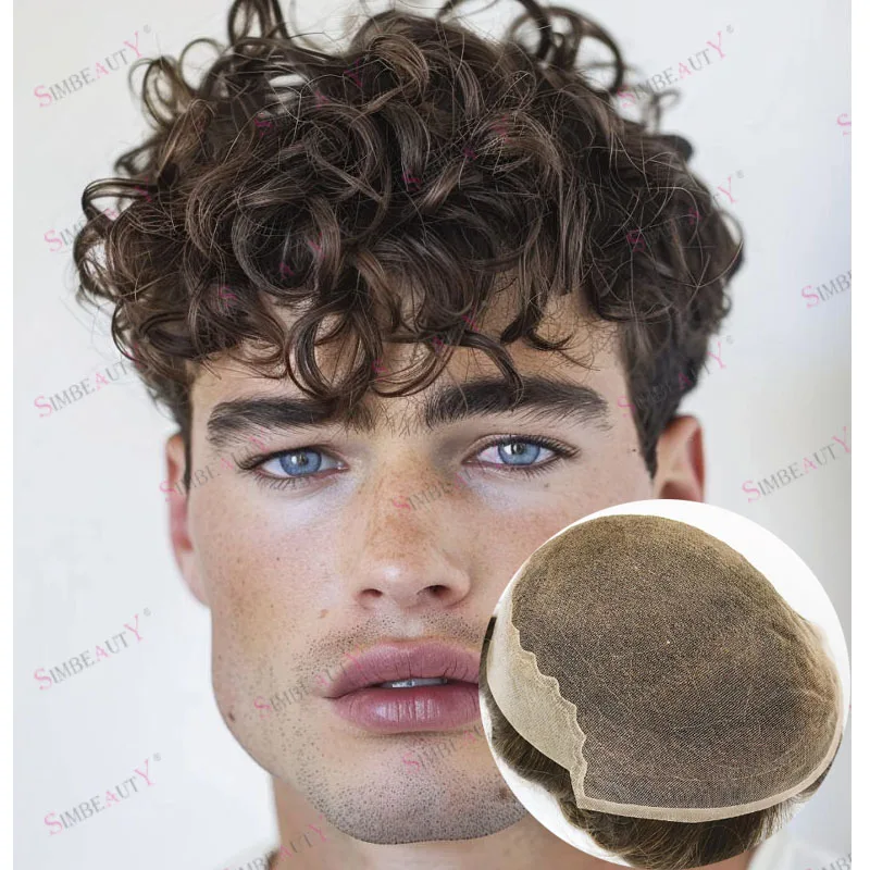 

Необнаружимые натуральные волосы Q6, кружевные передние человеческие волосы, вьющиеся мужские парики, дышащие пепельно-коричневые вьющиеся мужские парики, черный мужской парик