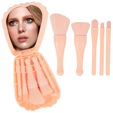 Mini Makeup Brush Set with Mirror Portable Makeup Brush Set, Shell Portable Travel Makeup Brush Set 5 Sizes Brush Mini Complete