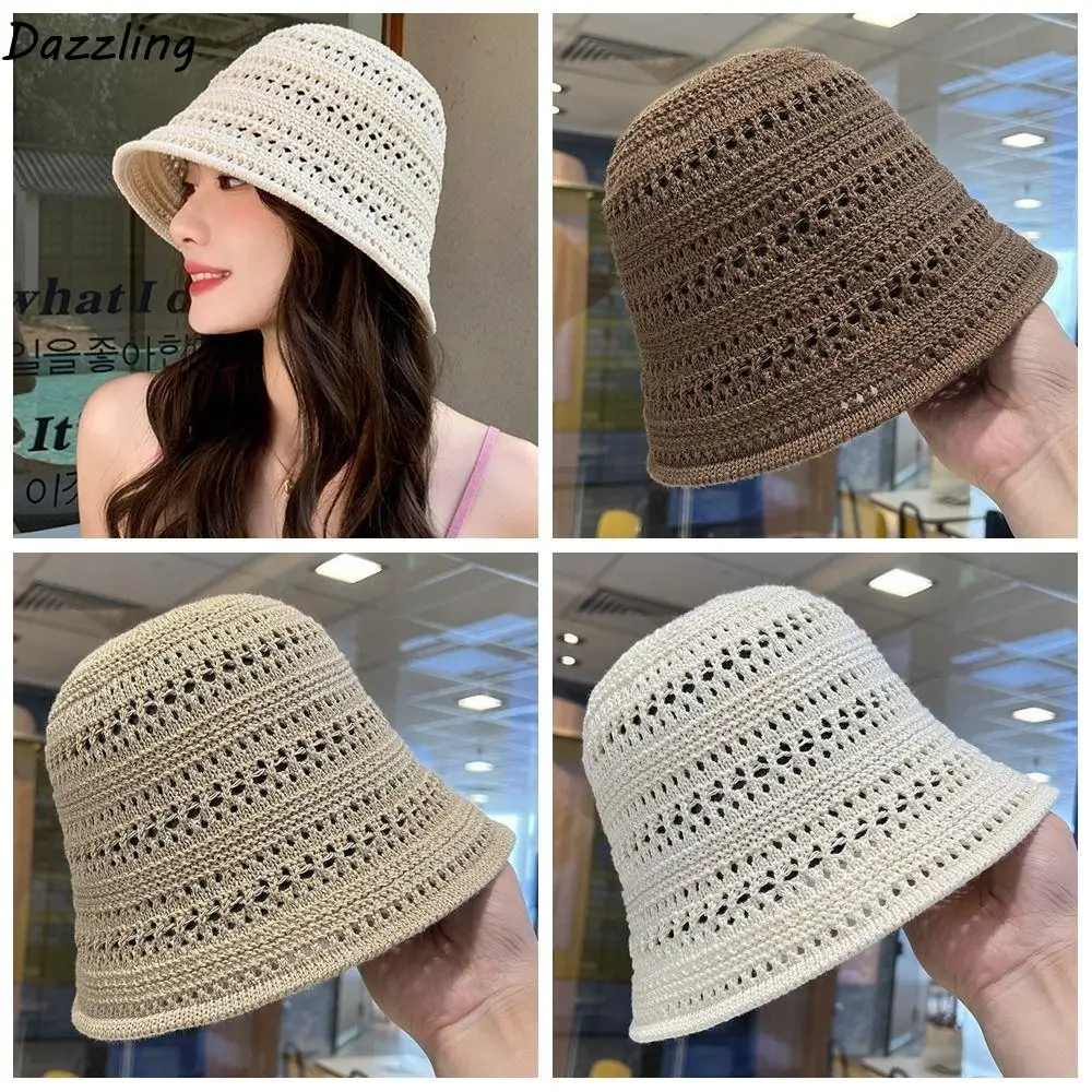 

Elegant Sweet Straw Sun Hat French Style Temperament Seaside Beach Cap Visor Cap Hollow Out Knitted Bucket Hat Girls