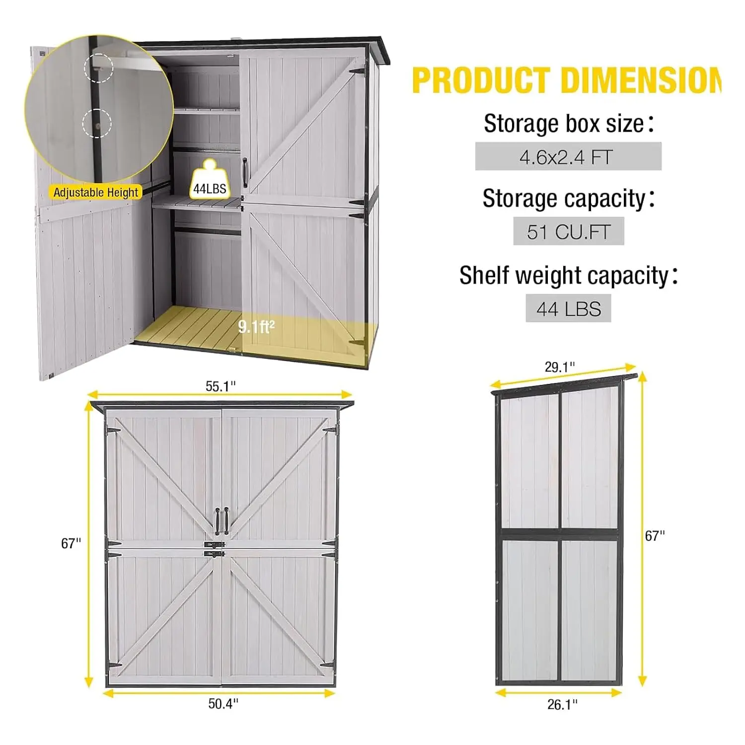 Storage Shed Outdoor Storage Cabinet Upgraded with All Arounded Metal Frame, Wooden Floor and Adjustable Shevels 55