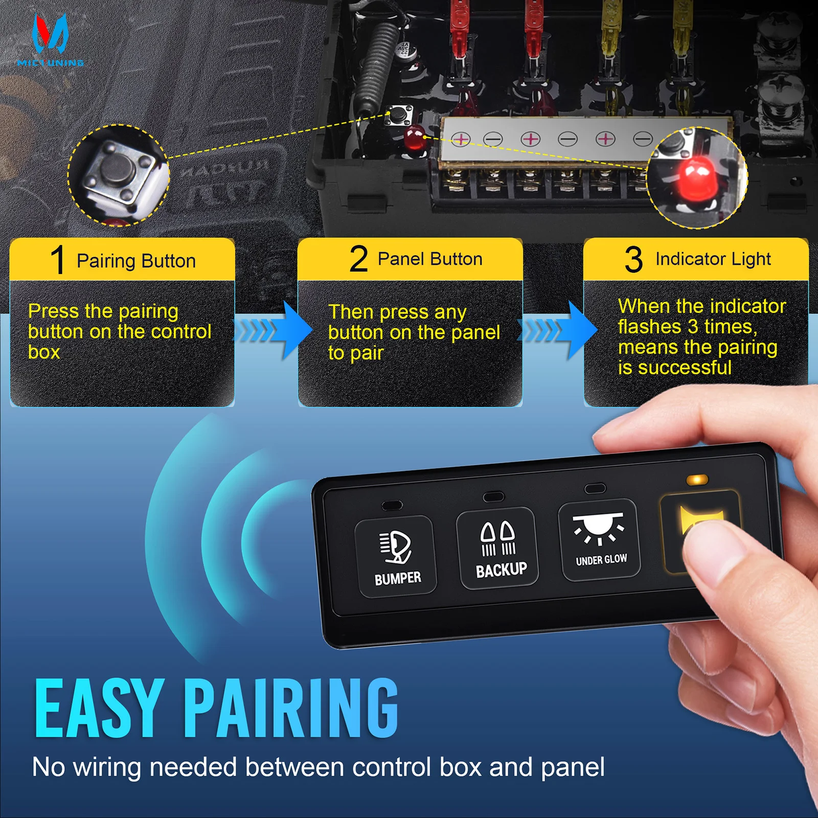 MICTUNING 4 Gang Wireless Switch Panel,12V 60A Car Universal ON-OFF Relay Switch Box,4 Control Modes For Truck Offroad Marine