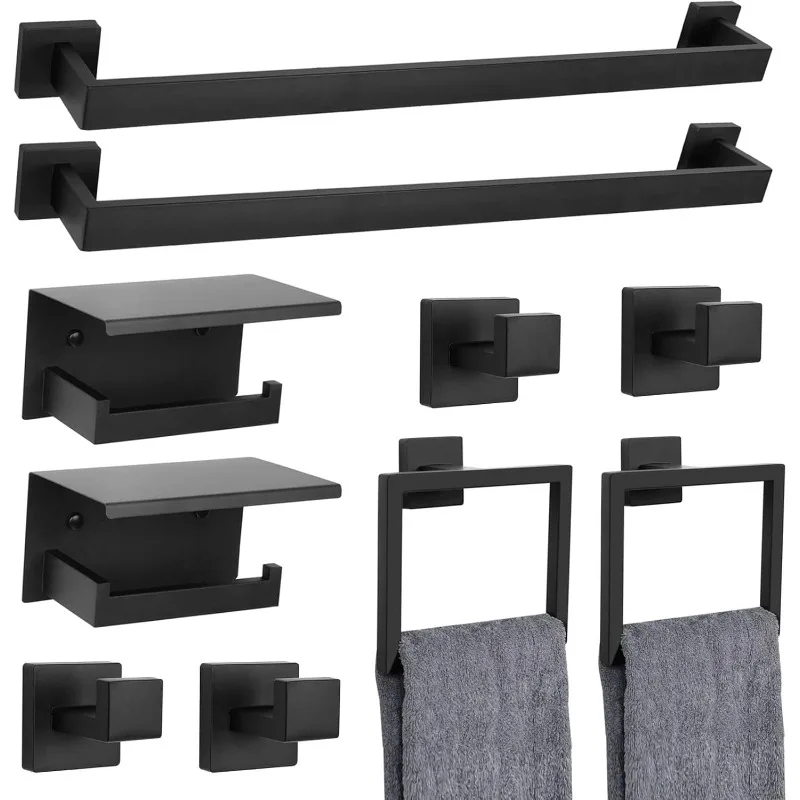 

10 Pieces Black Towel Bar Set Bathroom Hardware Accessories Set Upgraded Toilet Paper Holder with Shelf Towel Holder Set for Bat