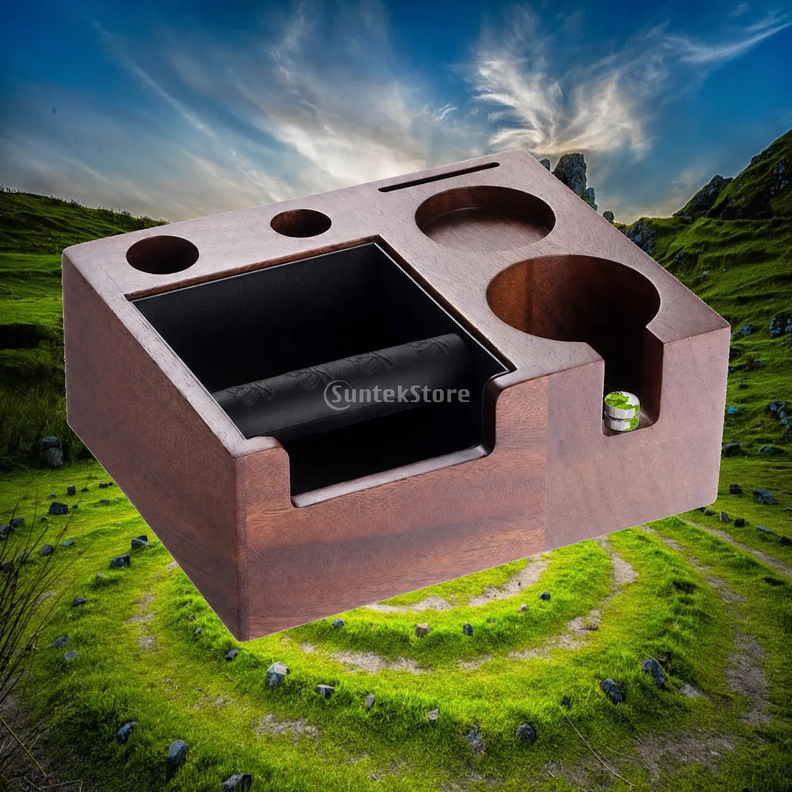 Espresso Knock Box Walnut Finish Grounds Container with Adjustable Height Screw for 51 58mm Portafilter