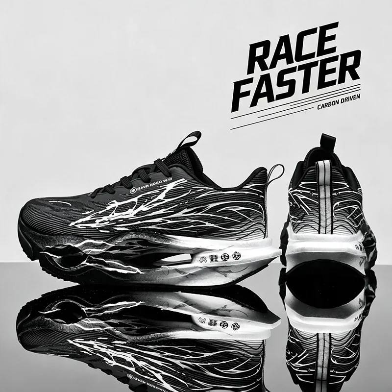 Men's Carbon Plate Running Shoes Breathable Mesh Racing Sport Shoes Anti-Slip Rubber Foam Cushioning Sole for Marathon Training