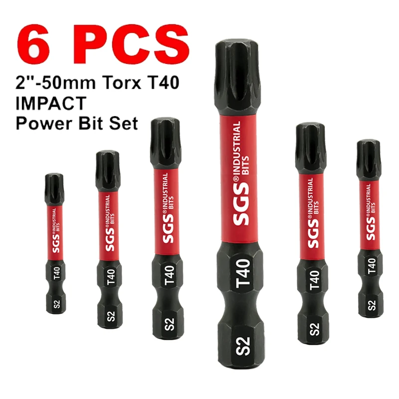 6-Piece Set of T40 Torx Impact Bits, S2 Steel Magnetic Screwdriver Bits, 50mm Extended Bits, 1/4 Hex Shank Universal for Electric Drills, Suitable for Auto Repair/Maintenance, Furniture Assembly, Equipment Installation, and General Household DIY