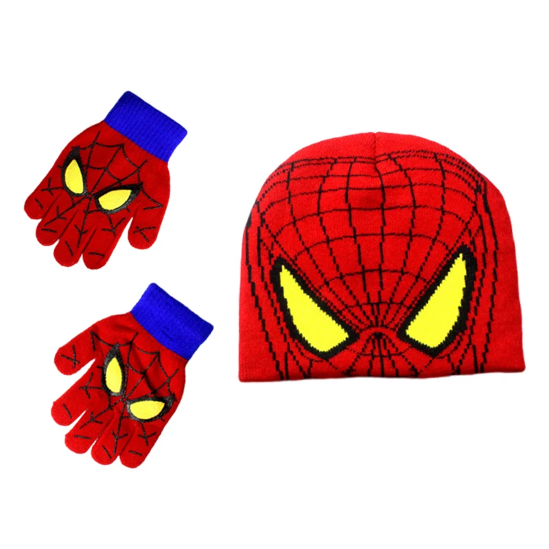 Spiderman Superhero Knitted Beanie Gloves Set Christmas Warm Cap Cosplay Props Winter Accessory for Boys Girls Halloween Gifts
