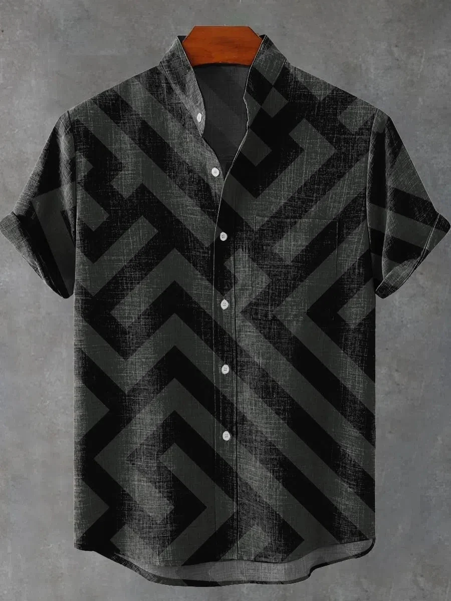 Men's summer new geometric digital print decorative pattern linen short sleeve shirt comfortable casual men's linen top