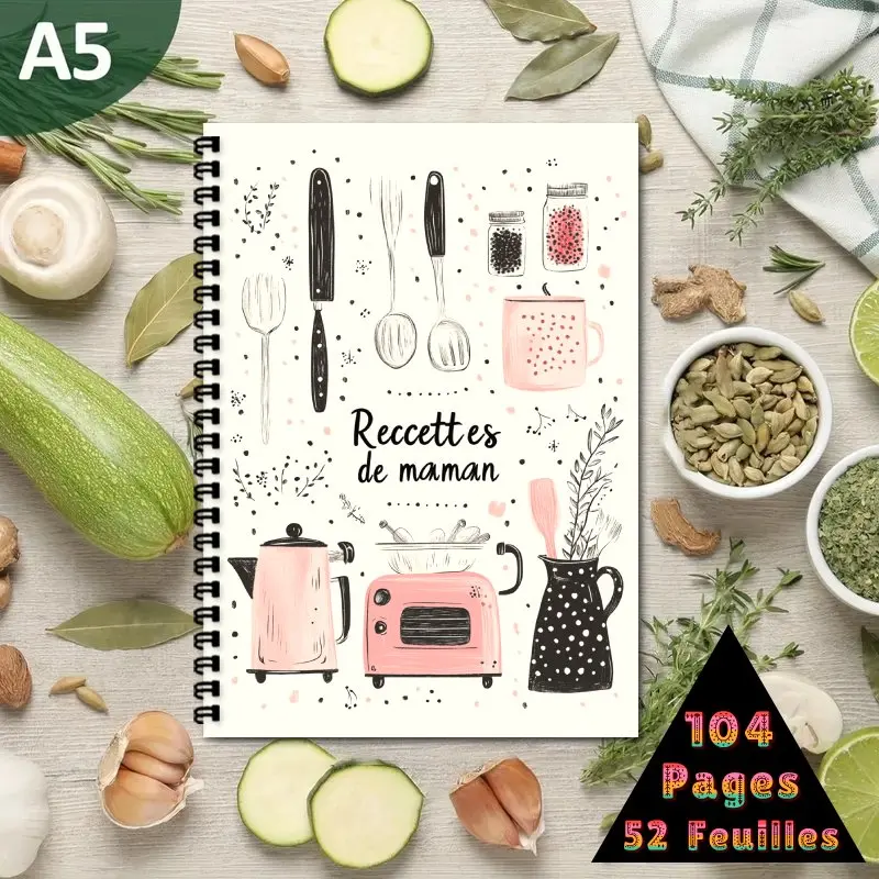 

Французская кулинарная книга формата А5, спиральный переплет, вмещает до 100 рецептов, кухонный тематический журнал для рецептов от мамы, с дизайном в стиле кухонной утвари.