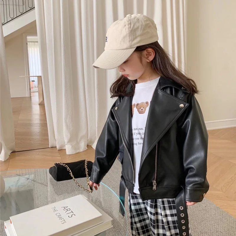 Autumn PU Leather Jackets Spring Kids Boys Girls Classics Handsome Lapel Zipper Outerwear Fly Coats Casual Clothing 1-8 Years