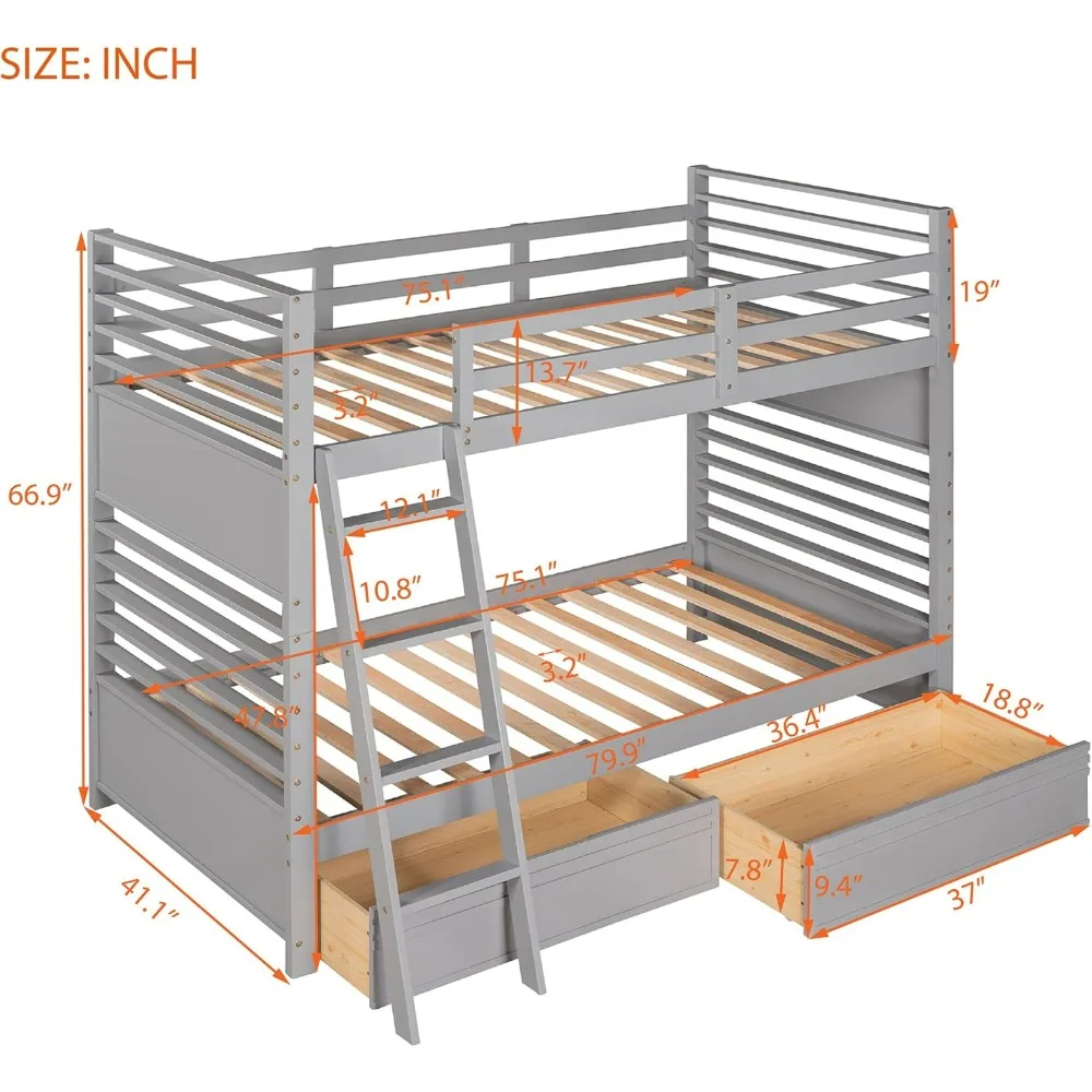 Twin Over Twin Bunk Bed with 2 Drawers, Guest Room Furniture, Ladder and Safety Guardrail, Solid Wood Twin Size Bed for Bedroom