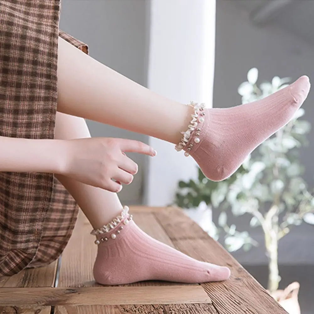 1Pair Candy Color Women Ankle Socks Breathable with Pearl Lace Ruffle Socks preppy Style Elastic Princess Dress Socks