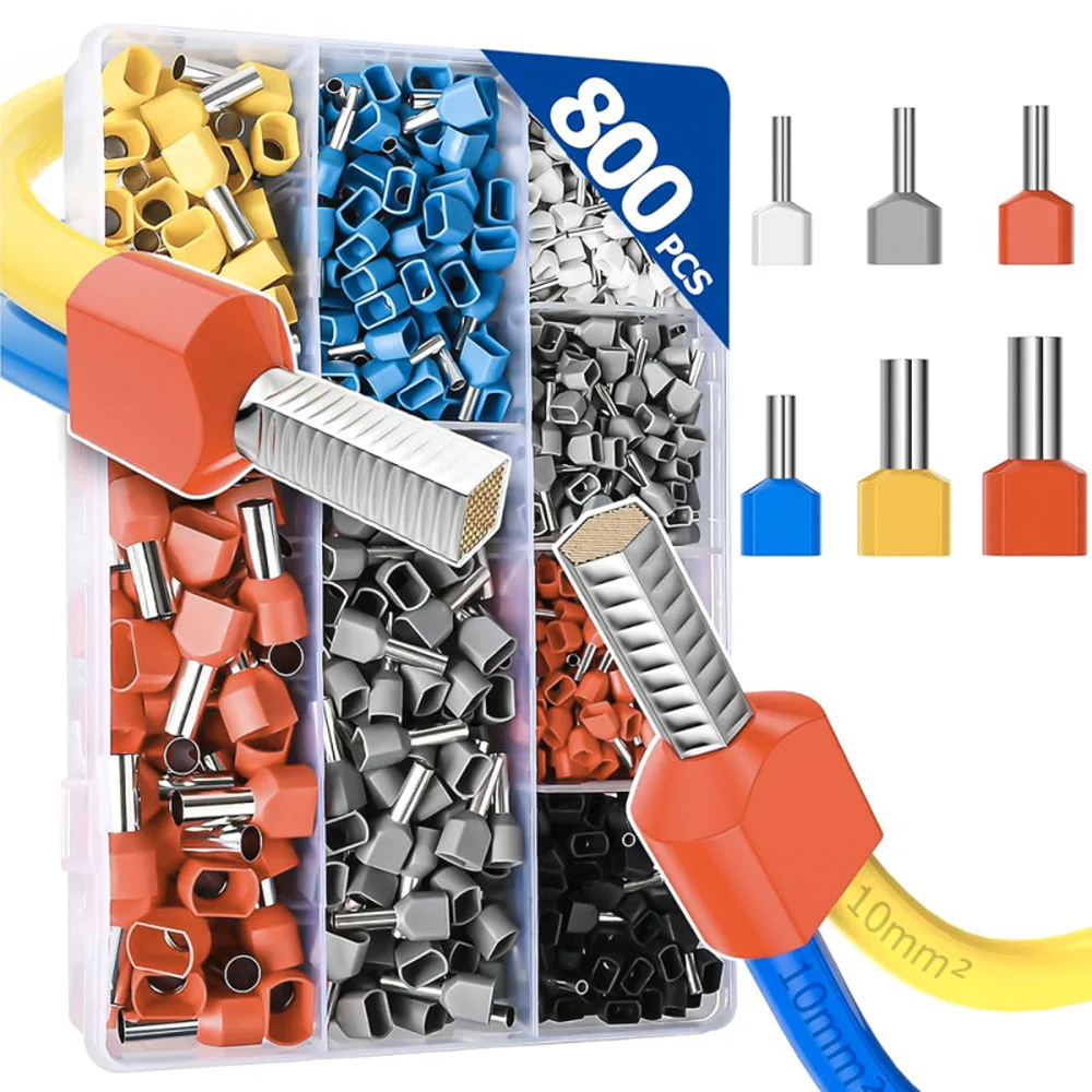 800PCS Double Wire Ferrule Kit - Dual Barrel Ferrules Connectors for AWG 22-7 Ideal for Electrical Industrial and DIY Projects