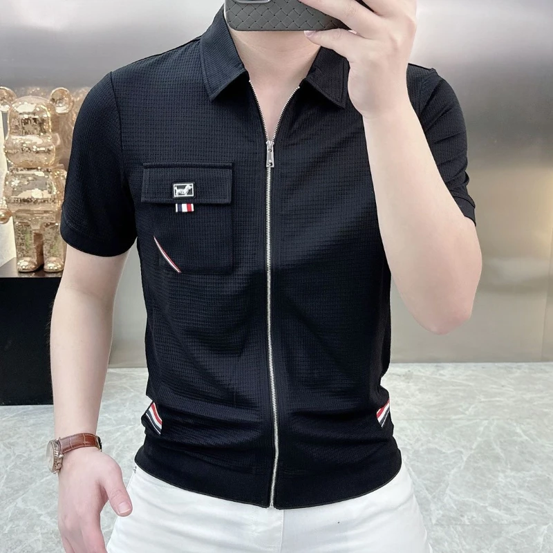 

New Summer Trendy Men's Zipper Pocket Casual Lapel Fashion Cardigan Short-sleeved Top