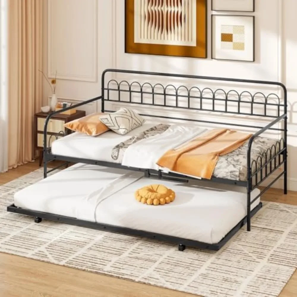 Twin Daybed with Trundle, Metal Day Bed w/Curved Backrest & Armrests, Heavy-Duty Metal Slats, Modern Space-Saving