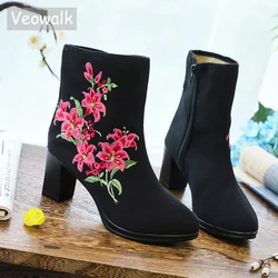 Veowalk stivaletti corti in cotone da donna ricamati floreali di fascia alta scarpe Casual da donna con tacco largo scarpe da donna