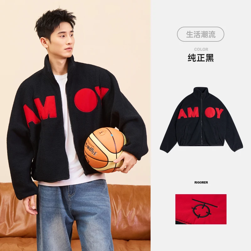 

Мужская флисовая куртка RIGORER, Новое поступление осени и зимы 2024, спортивная куртка со свободным теплым воротником для улицы, черный и розовый