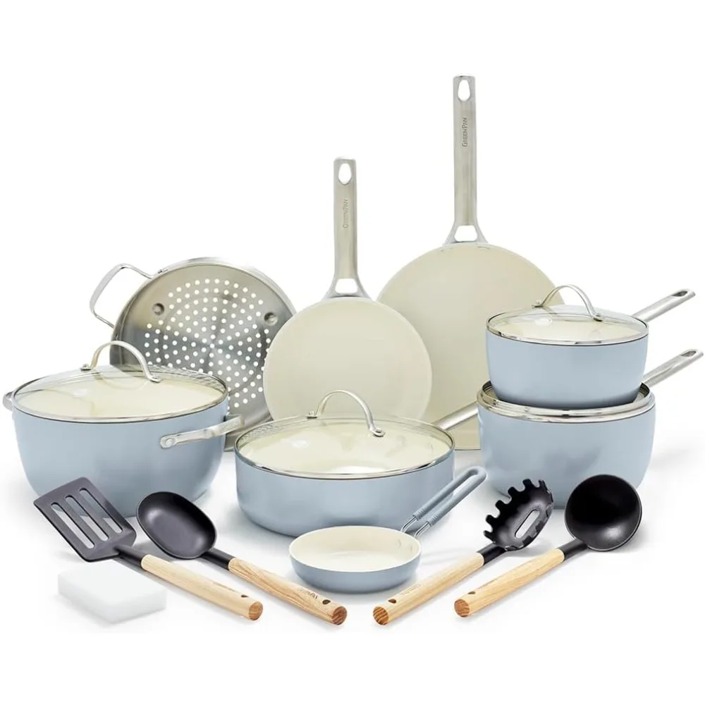 

Padova Hard Anodized Healthy Ceramic Nonstick 17 Piece Cookware Set, PFAS-Free, Induction, Dishwasher Safe, Oven Safe, Light Bl