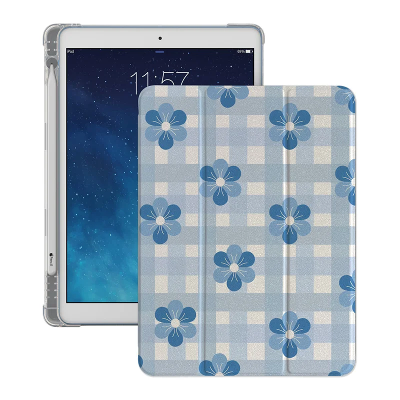 Etui Cute Flower Plaid Case do Apple iPad Air 2024 Pro 11 cali Air5/4 10.9 iPad 5/6/7/8/9 9.7 Air 3 10.2/10.5'' mini 6/5/4 Cover