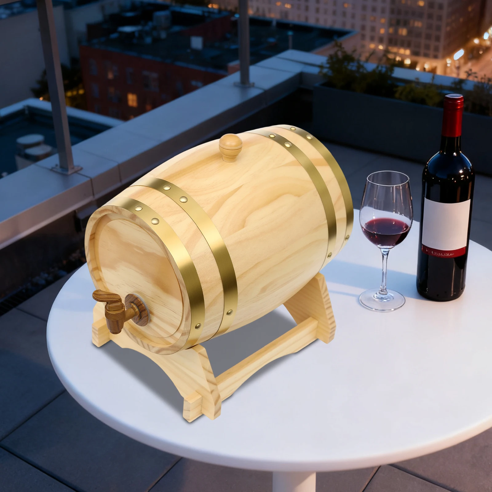 

5L Wood Pine Wine Barrel with Stand & Faucet For Hotel Bar Kitchen Whiskey and Wine In Natural Wood Color