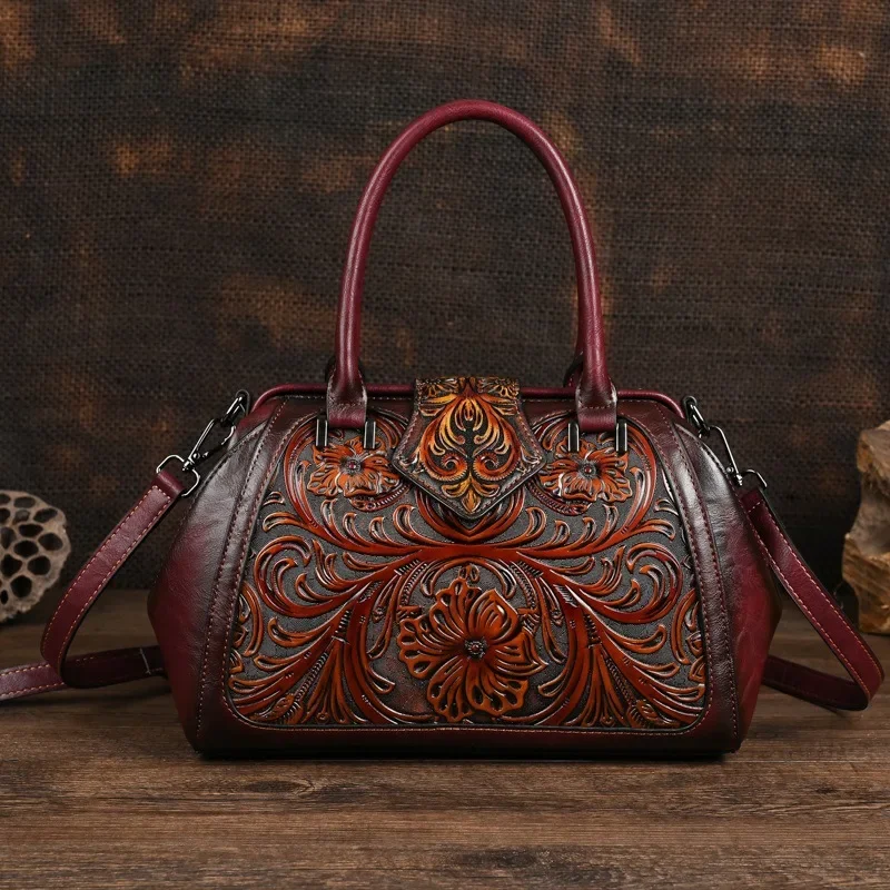 Vintage Women Handbag Floral Bag Ladies Shopping Leather Handbags 2024 Winter Handmade Chinese Style Female Tote Shoulder Bags