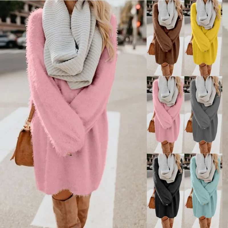 

2024 Autumn/winter Women's Mid Length Long Sleeved Round Neck Loose Plush Dress Свитер Женский Sweaters Pullover Korean Fashion