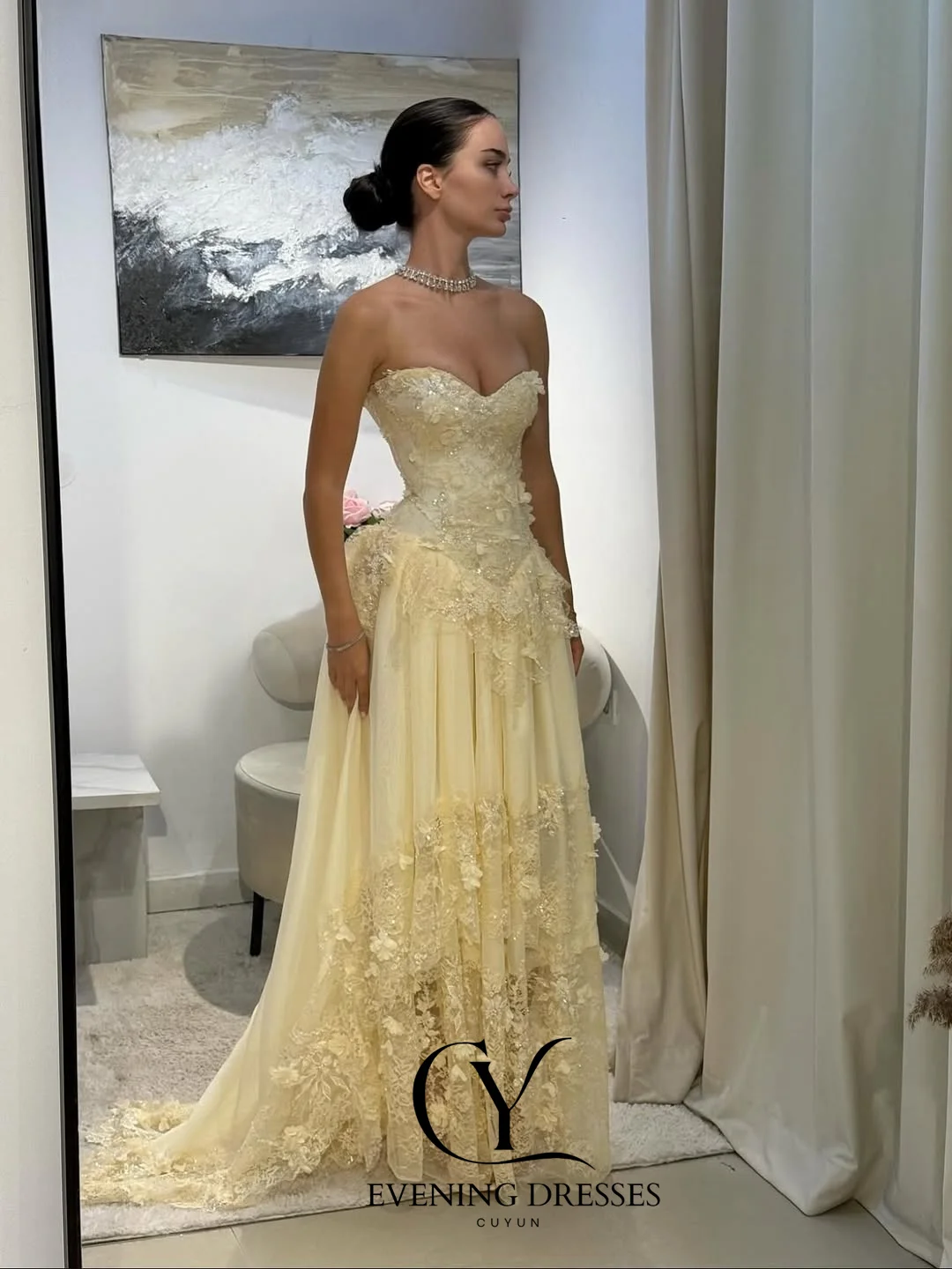 CUYUN ثوب مسائي فاخر 2025 على شكل قلب بدون حمالات دانتيل زينة فستان حفلة شيفون مخصص مشد خلفي فساتين لحضور الحفلات الموسيقية