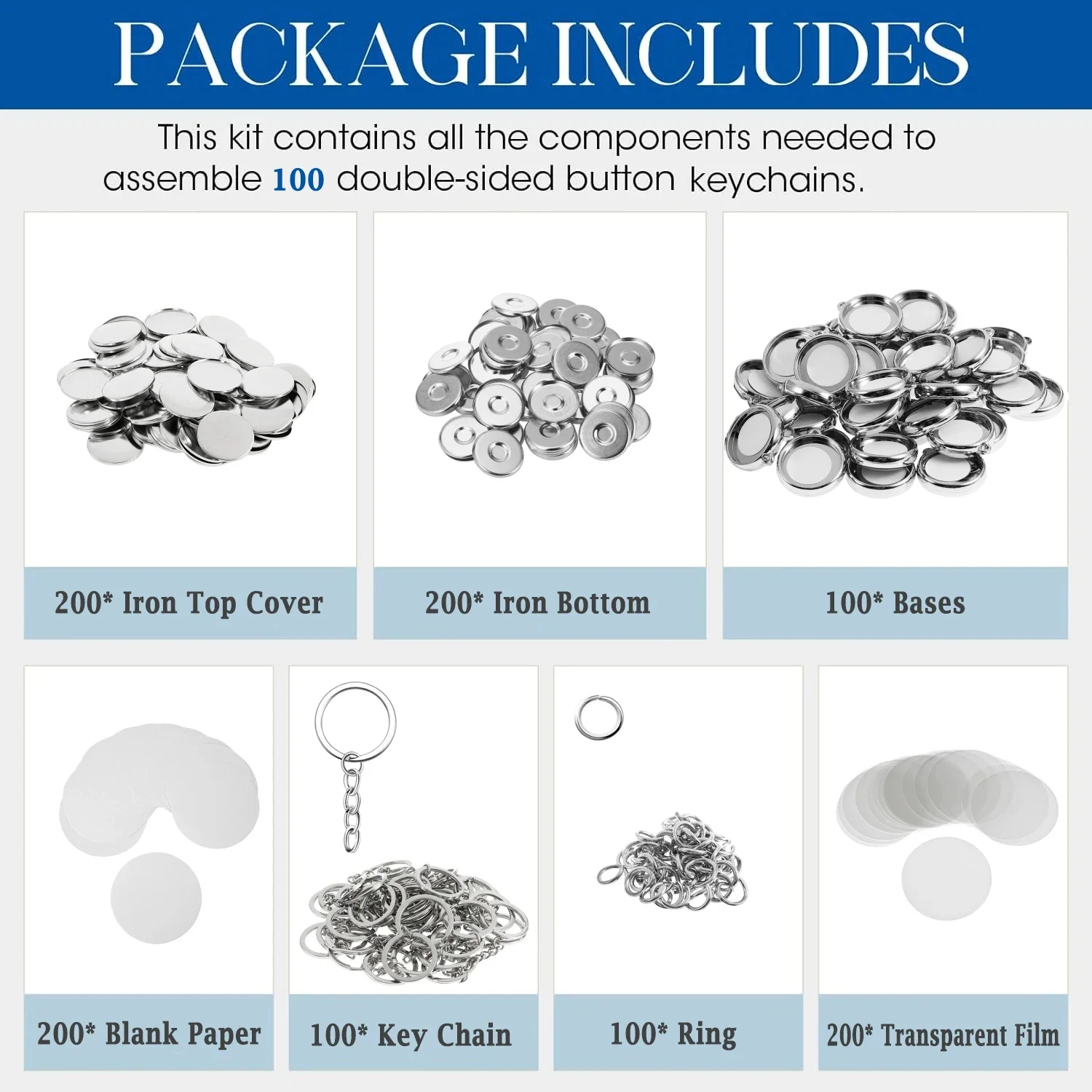 100Pcs Keychain Button Making Supplies Double Sided Keychain Metal for 25mm 32mm 37mm Badge Button Machine DIY Key Chain Gift