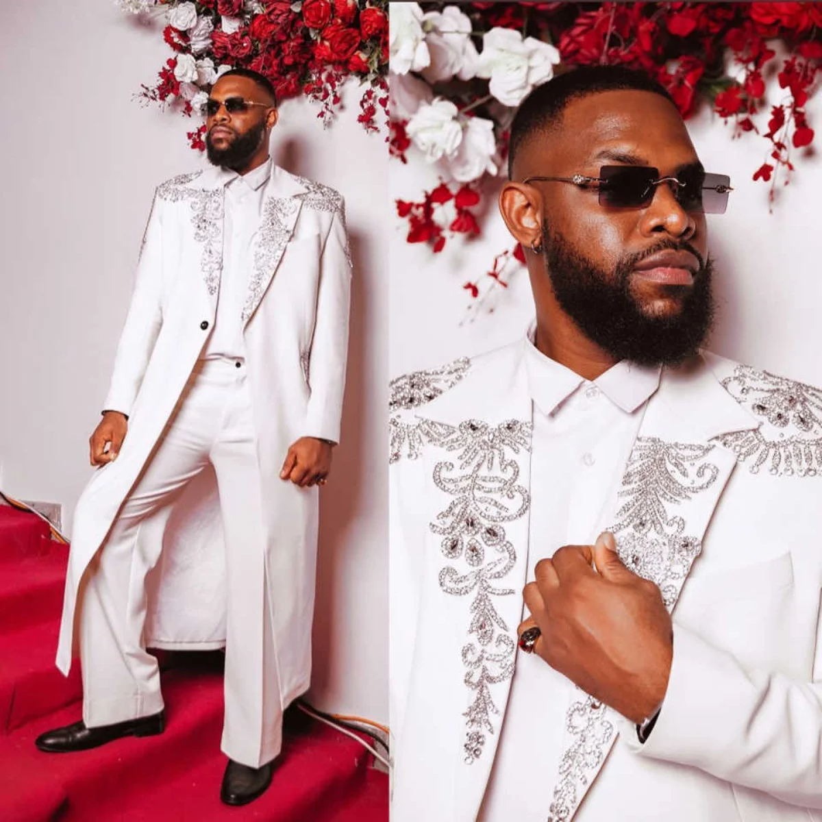 

Luxury Groom Wedding Tuxedos 2 Pieces Long Jacket Pants Crystal Appliques Party Prom Formal Occasion Customized