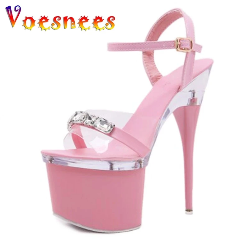 Women Platform Ankle Strap Sandals Sexy 18CM Ultra High Heels Fashion Nightclub Stripper Shoes Pink Narrow-band Summer Stilettos