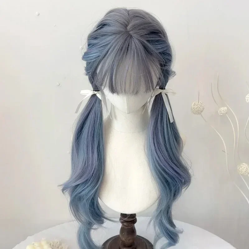 Lolita Wig Blue Long Wavy Wig for Women Cute Sweet Hair for Daily Use Cosplay Headband Synthetic Wigs with Bangs  가발