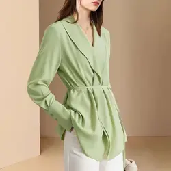 American Spring and Autumn 2024 Women's New Spliced V-neck Button Folds Fashion Solid Loose Casual Long Sleeve Blouses Shirts