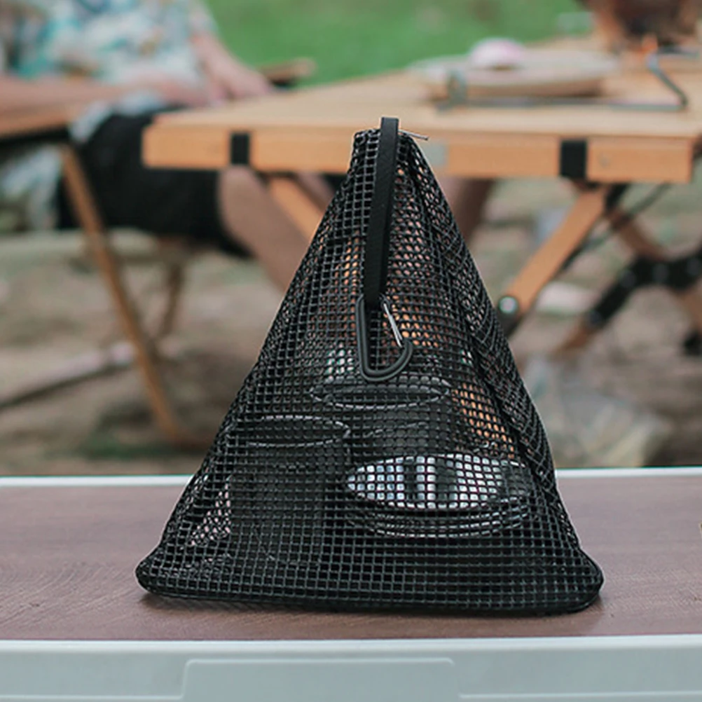 

Foldable Outdoor PVC Storage Bag Hanging Mesh Organizer for Camping Double Zipper Triangle Design Black Food Holder Lightweight