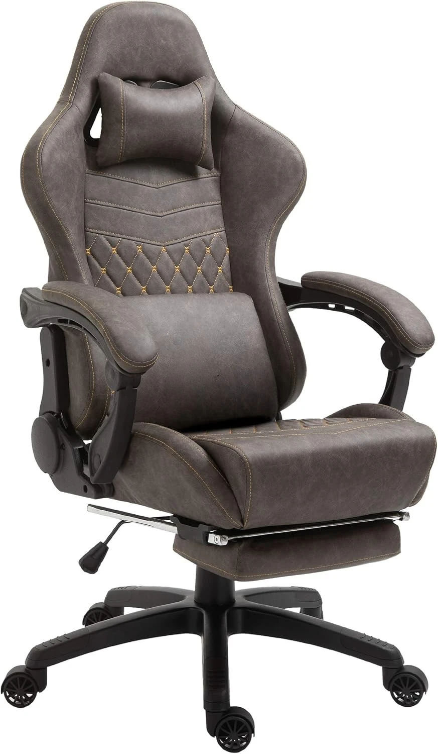 

Gaming chair, office desk, and chair with massage lumbar support, retro style PU leather with extendable foot pedals (brown)