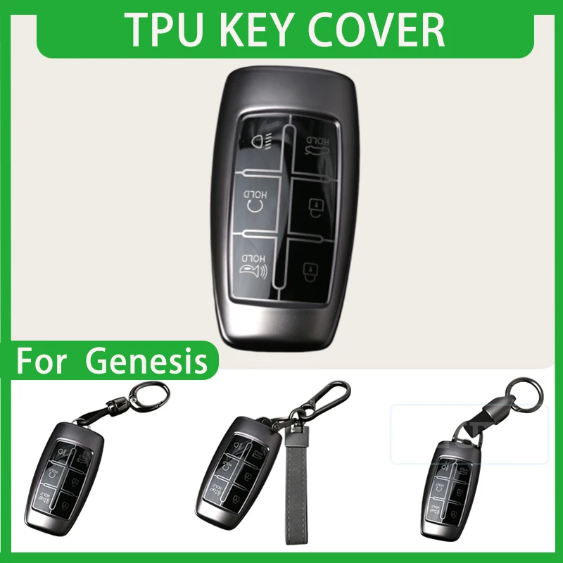 

For Genesis Key Cases Hyundai GV80 GV90 G70 G80 G90 GV70 Soft TPU 6 Buttons Key Case Metallic Gray Car Interior Accessories