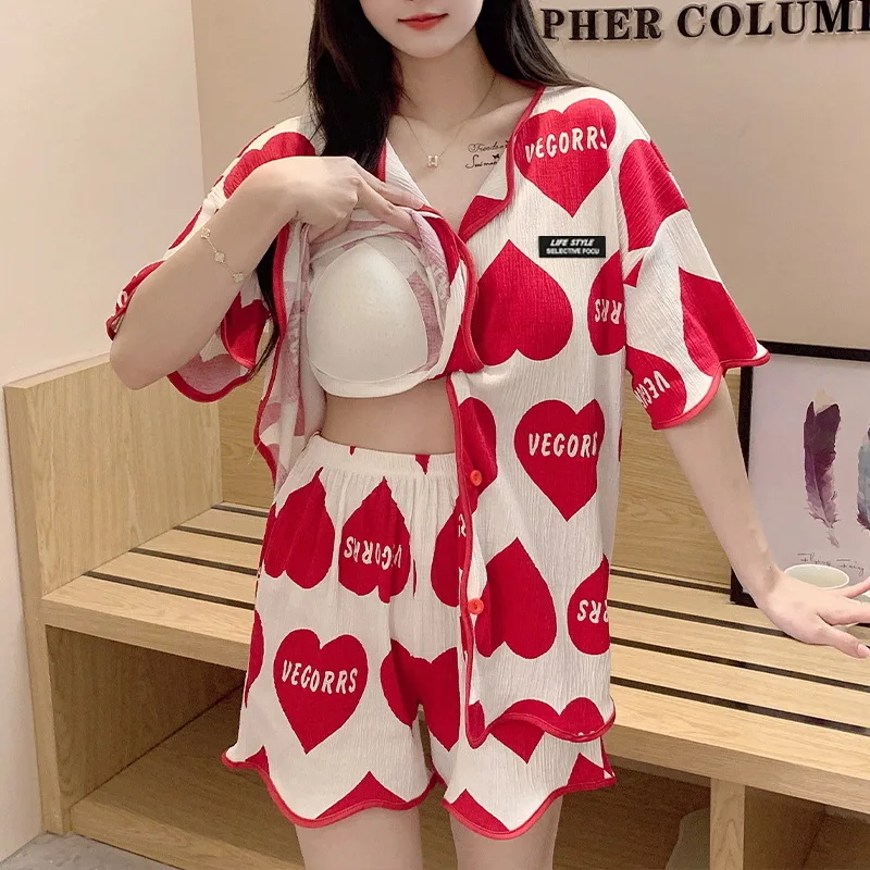 Cute Cat Pajamas with Built-in Chest Pads for Women Cotton Summer Short Sleeves Women\'s Pajamas Sweet and Cute Home Clothes