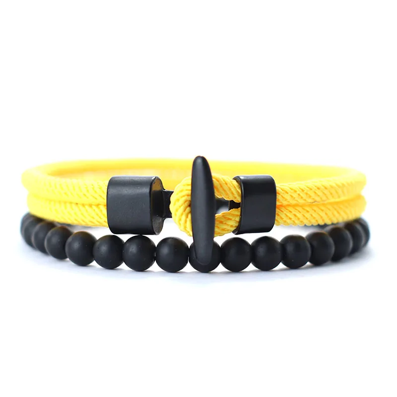 Noter New 2pcs/Set Men Bracelet Natural 6mm Onyx Stone Beaded Braclet Homme 4mm Pulseira Corda Masculina Pirate Accessories Gift