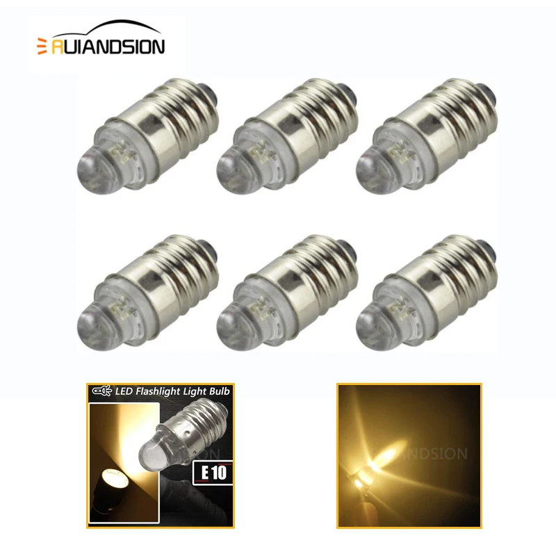 

Ruiandsion 6pcs E10 LED Bulb 3V 0.1W 3000K Warm White LED Bulb for Torchlight Flashlight Torch Headlight,Negative Earth