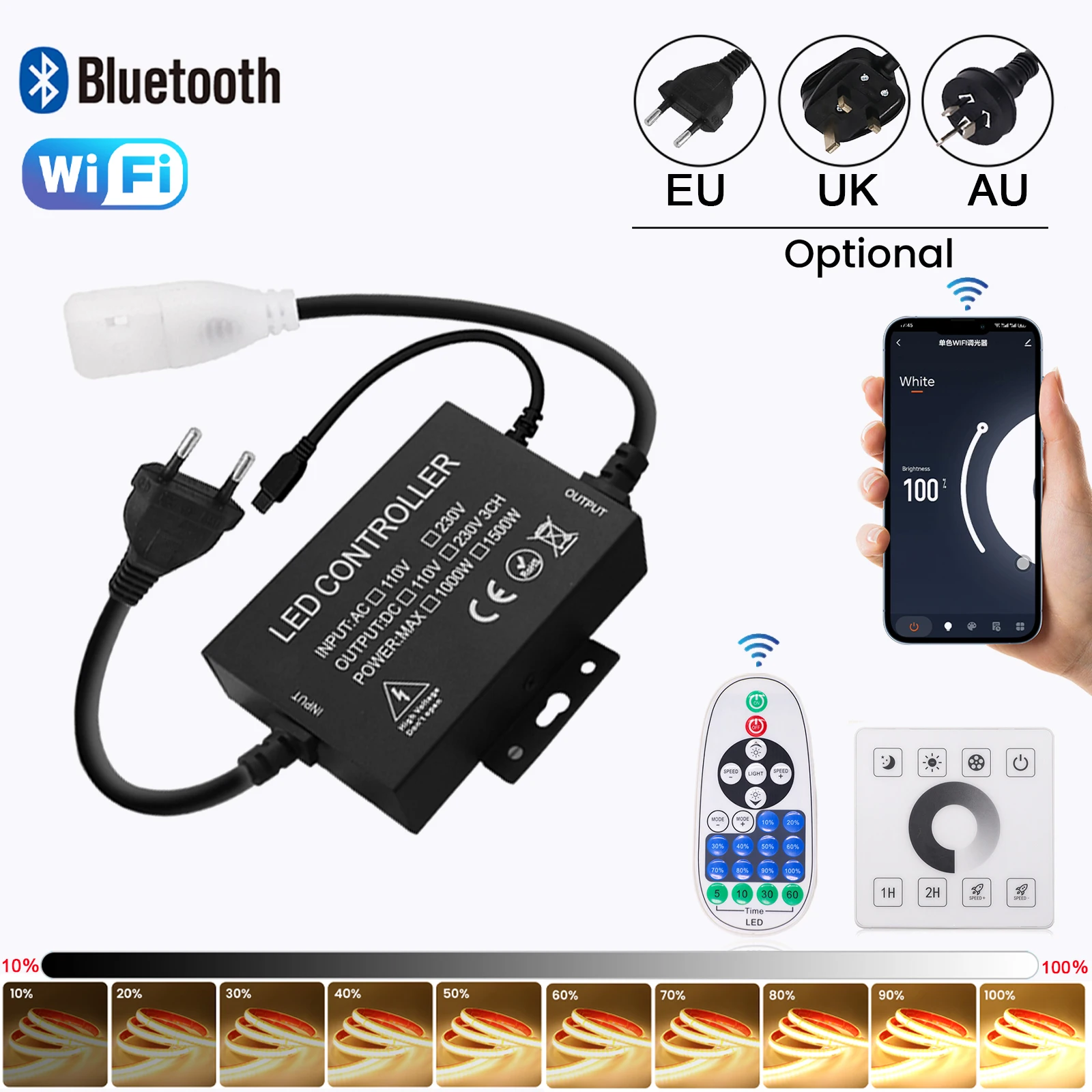 

220V Bluetooth LED Dimmer Controller Tuya WIFI 23Keys Remote Kit Wall Touch 1500W Dimmer for 10mm PCB 288Leds/m COB Light Strip