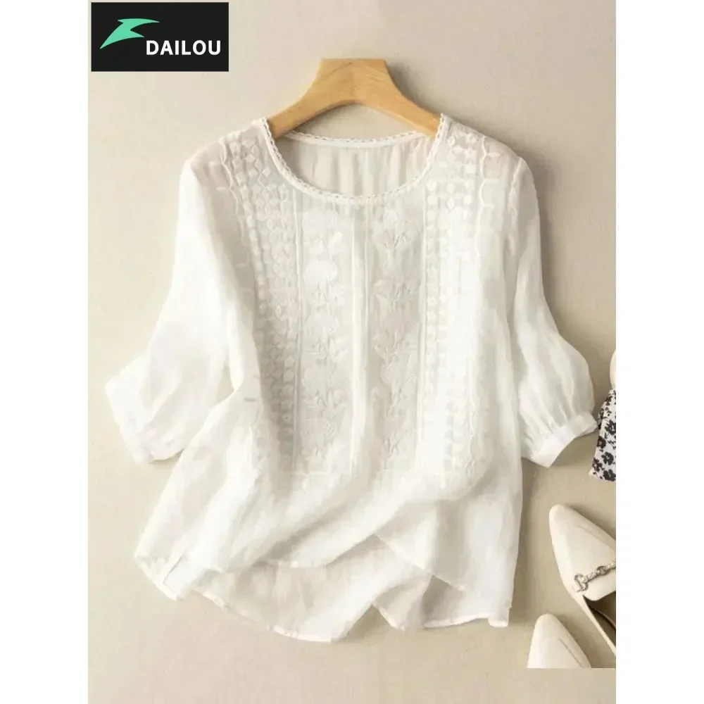 DAILOU Floral Embroidery Shirts Summer Lace Crochet Blouse Women 3/4 O Neck Sleeve Tops Femme Tunic Causal Cotton