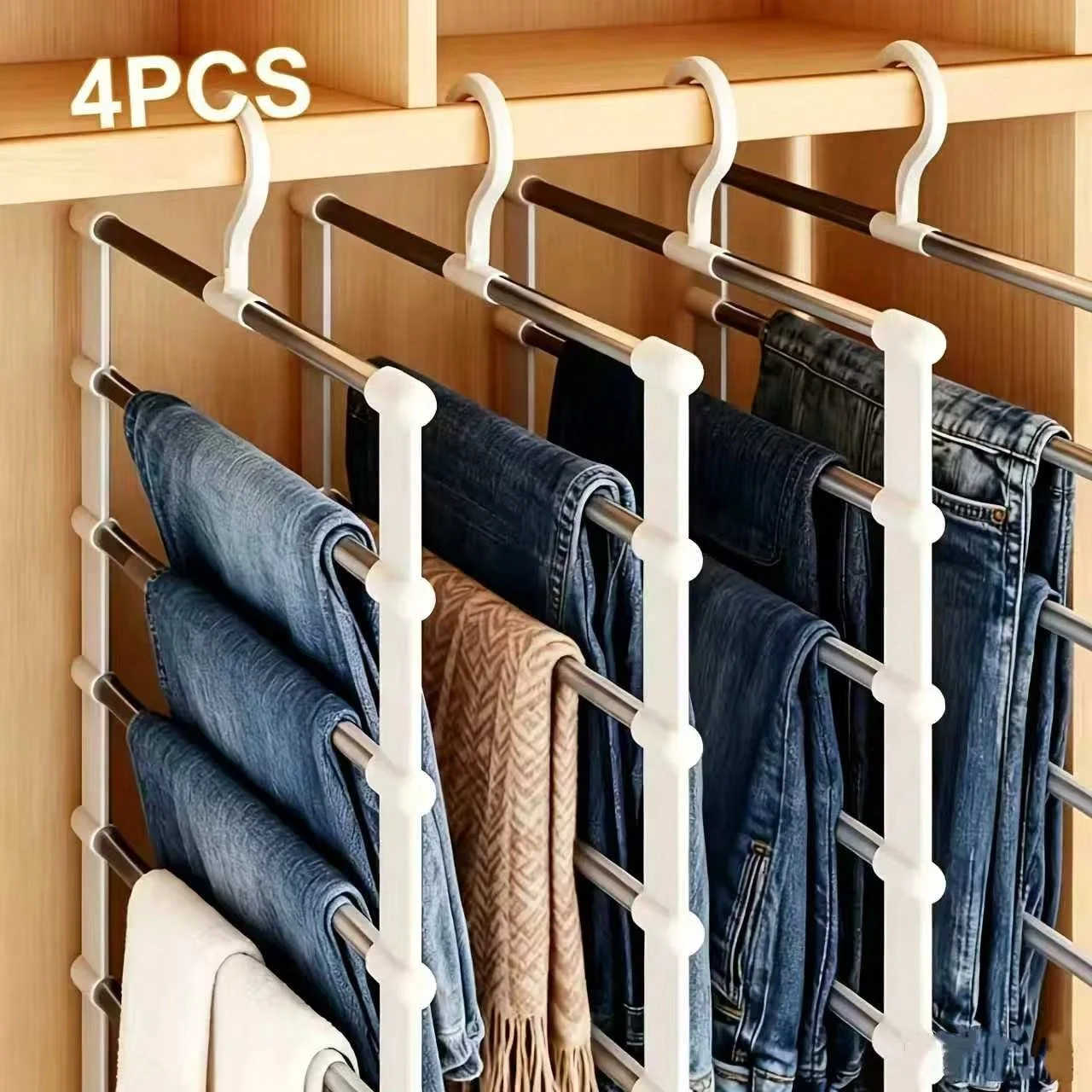 4Pcs Foldable 7-Layer Plastic Pants Hanger Non-Slip Wardrobe Storage Rack Space Saving Organizer for Jeans Leggings Scarves Clothes