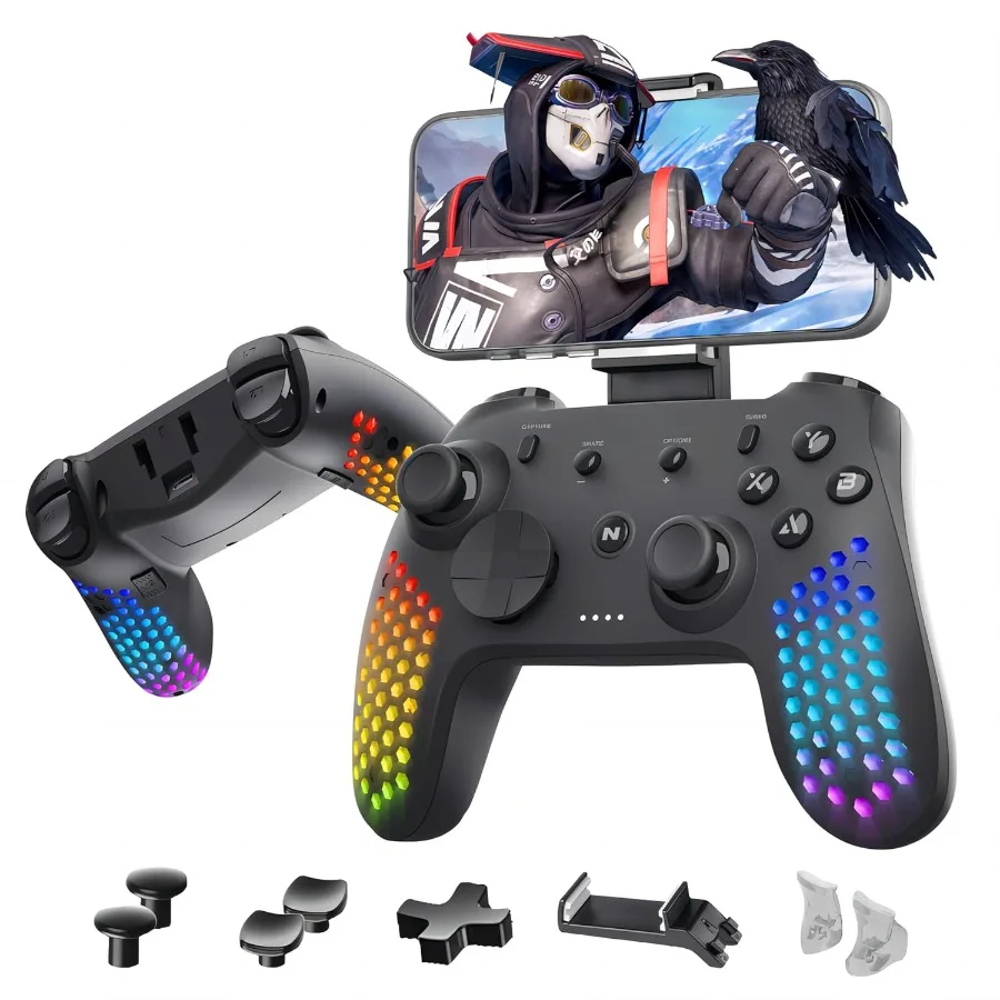 

Nitho Gaming Controller for PC Switch 1 Android and iOS Windows Wireless RGB Gamepad with Detachable Phone Clamp Customizable T
