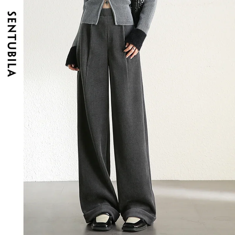 SENTUBILA Casual Loose Pants Women 2024 Winter Elastic Waist Wid-leg Pant Fashion Solid Folds Trousers Female Clothing 134K52809