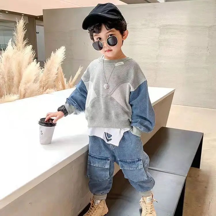 Korean Children's Clothing Autumn 2-8 Y Fashion Kids Clothes Boys Spring Denim Suit for Kids Sweatshirts+Jeans Two-piece Sets