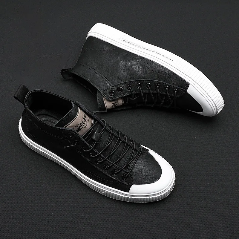 100% Genuine Leather Shoes Men High top Footwear Fashion Street Style Black White Shoes Mens Casual Shoes Big Size 45 KA4326