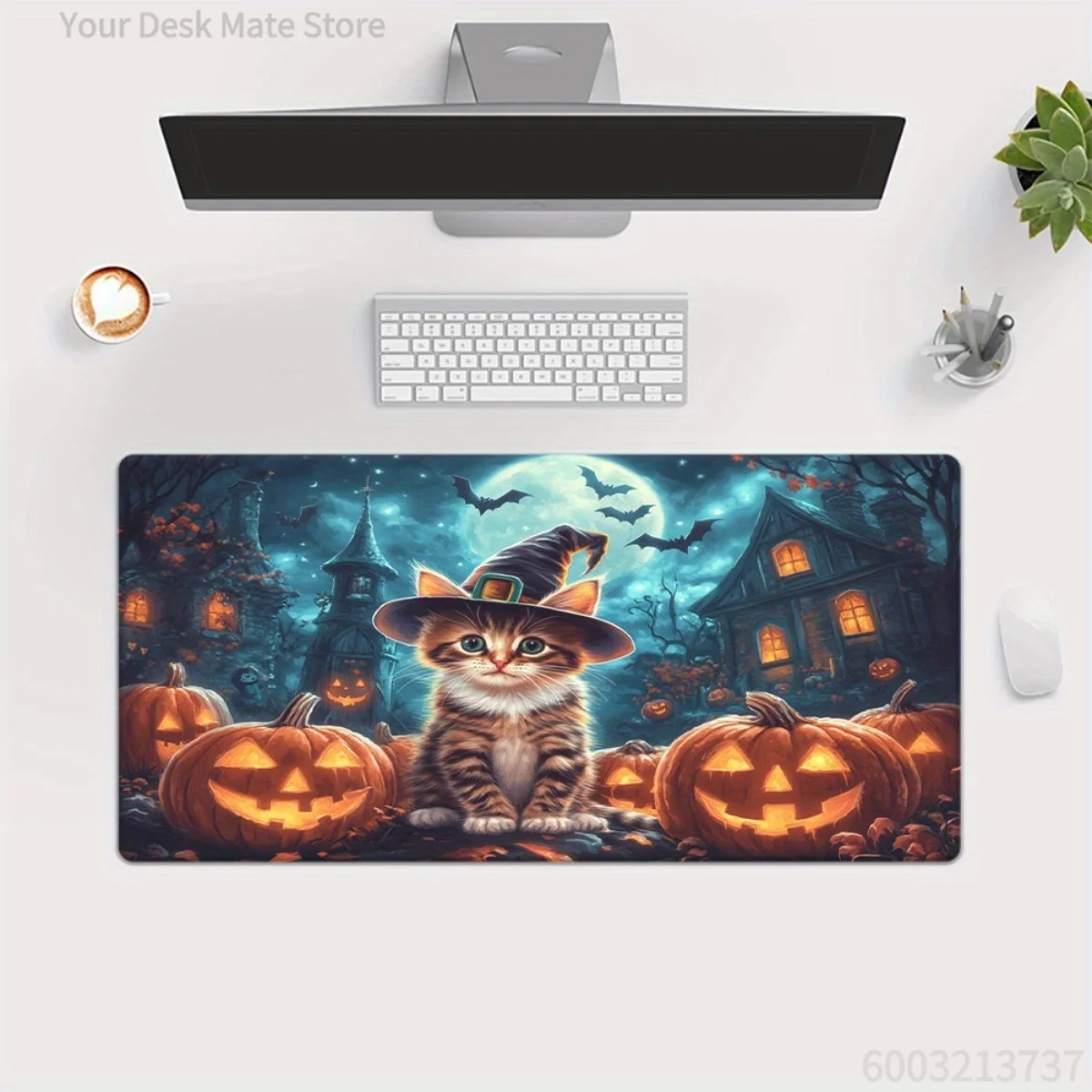 Halloween XXL Mouse Pad – Witch Cat, Haunted Castle & Glowing Pumpkins Extended Desk Mat for PC Laptop Gaming Office Decor